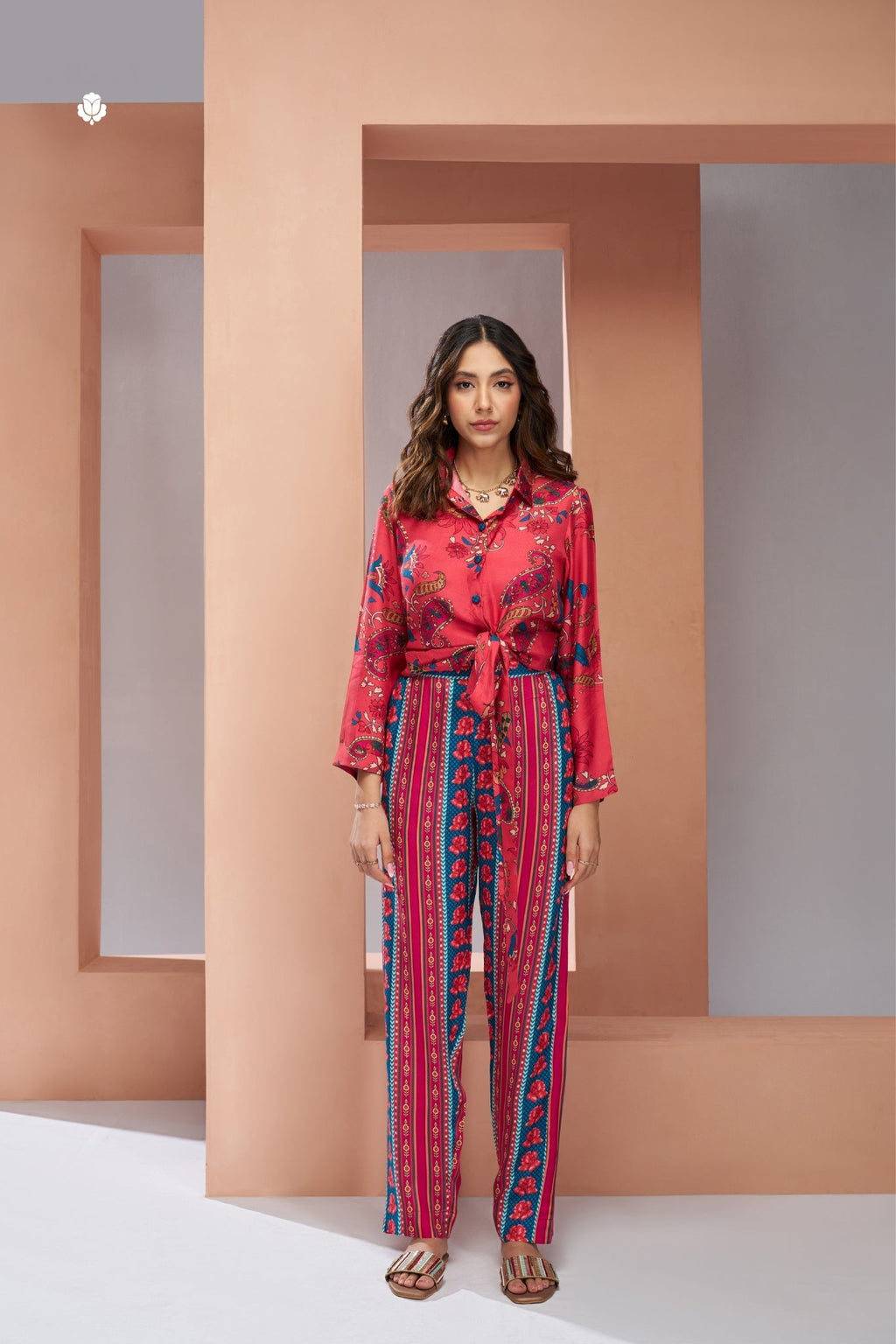 Pure Muslin Silk Coral Pink Co-Ord Set For Women