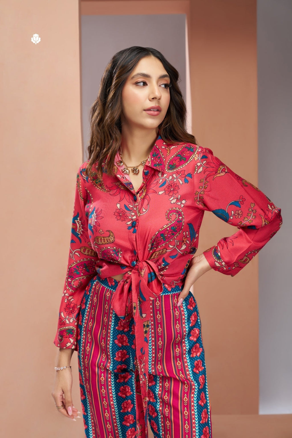 Pure Muslin Silk Coral Pink Co-Ord Set For Women