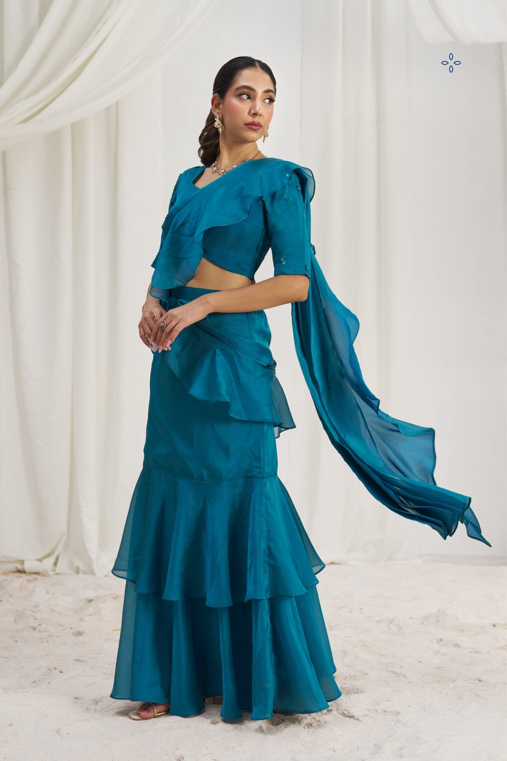 Teel Blue Organza Ruffle Saree Set
