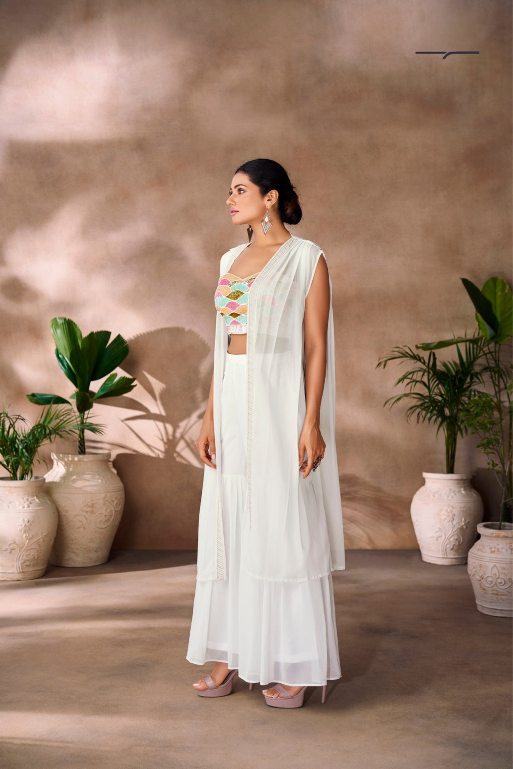 Pristine White Georgette Hand Embellished Designer Co-Ord Set